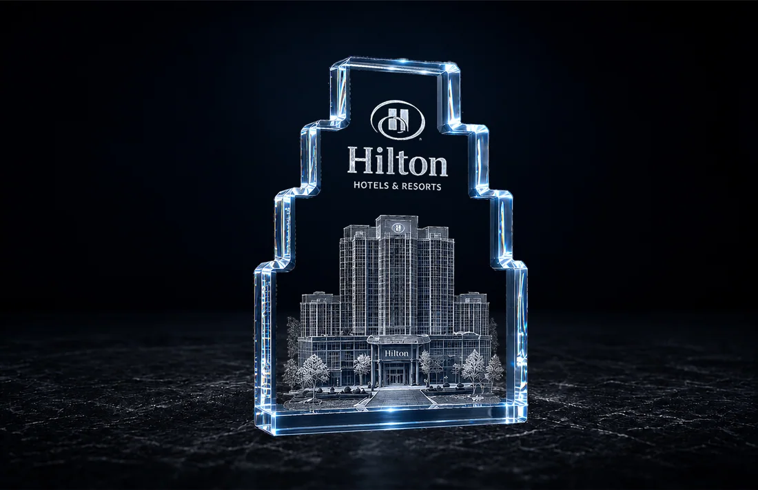 A custom-shaped JetCut3D crystal with 3D laser engraving inside