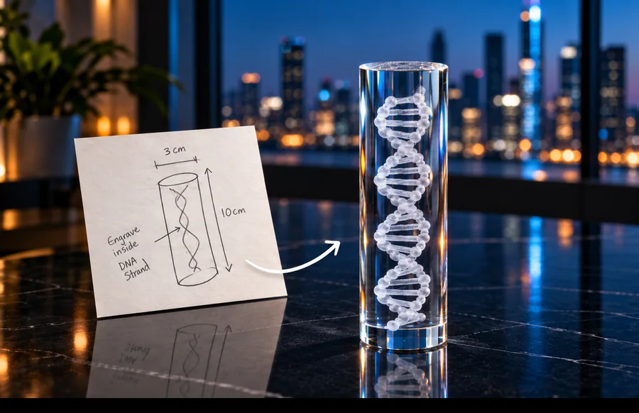 A custom-cut JetCut3D crystal beside the drawing it was made from