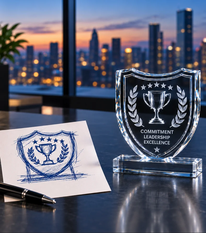 A custom-cut JetCut3D crystal beside the drawing it was made from
